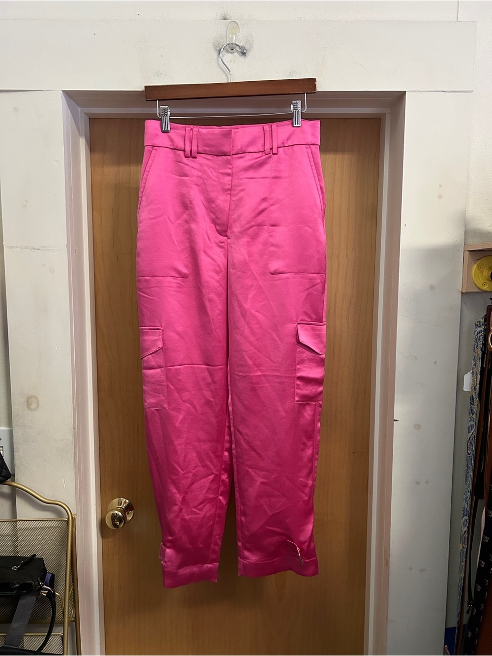 Express Super High Rise Pink Satin Cargo Pants with Buckle Cuff - size 6 Regular